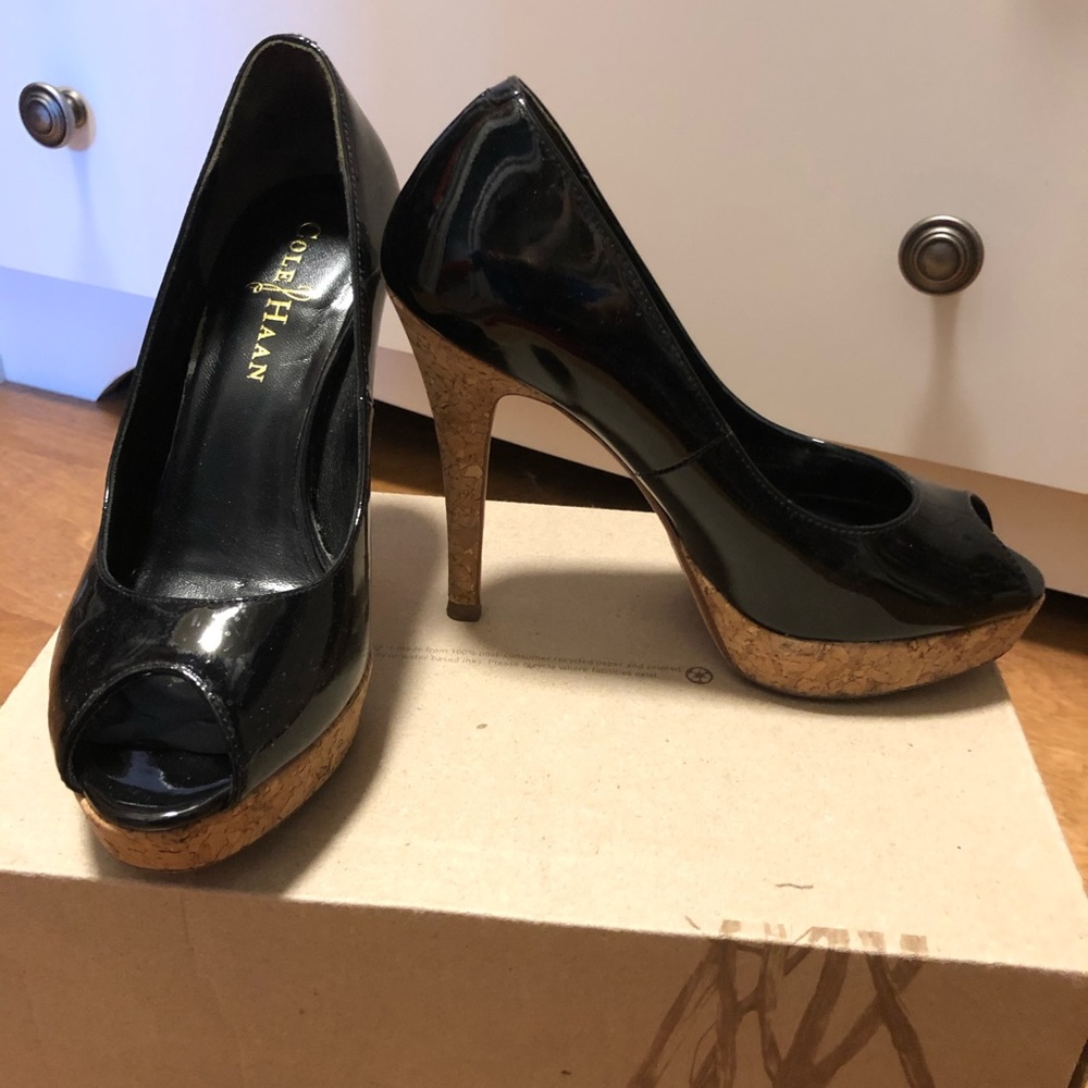Cole Haan black patent peep toe platform heels